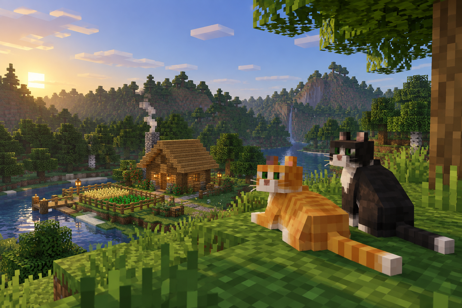 Two blocky cats resting beside a Minecraft cottage and garden